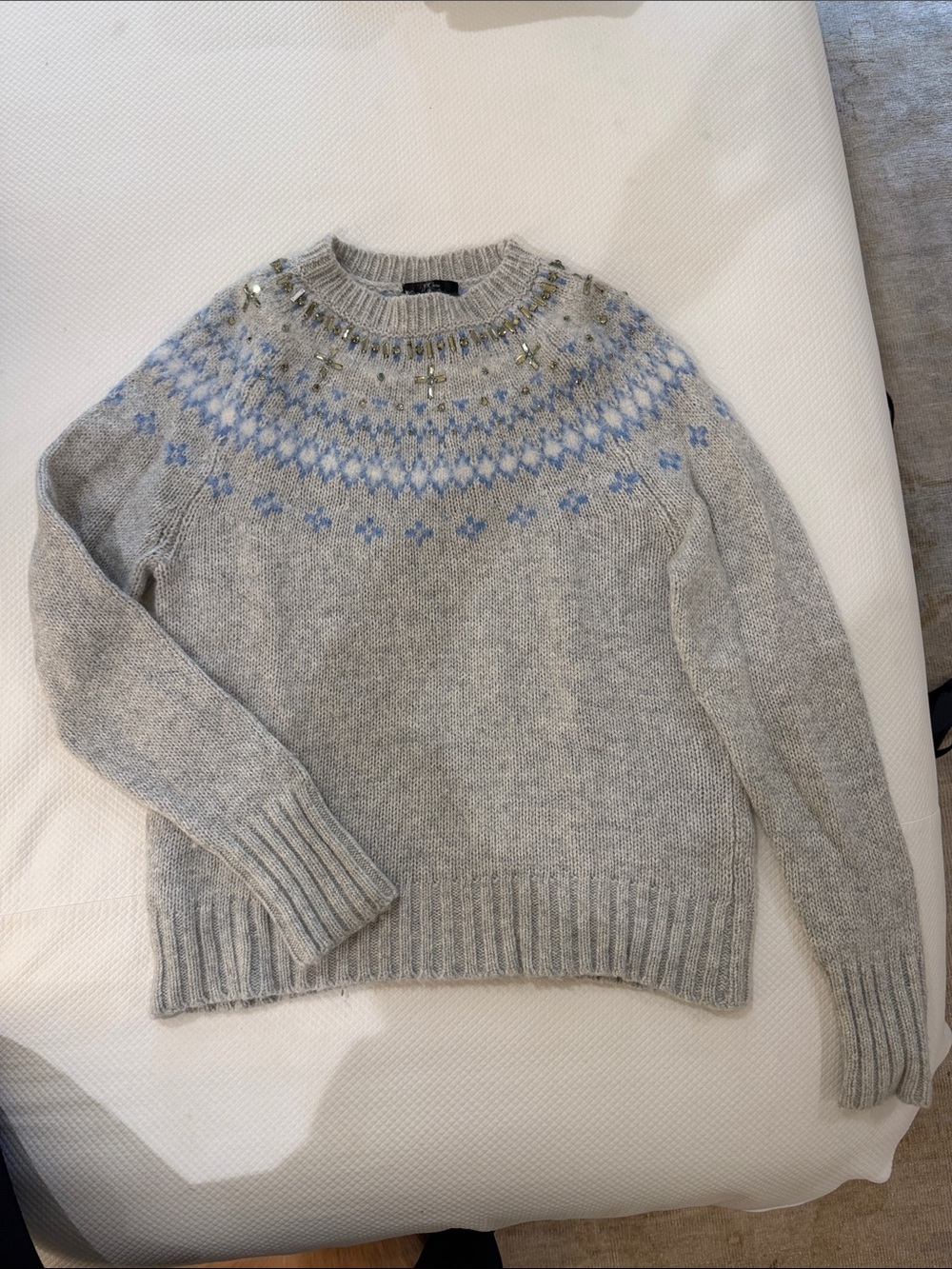 J. Crew Light Gray Fair Isle Crewneck Sweater with Blue Yoke